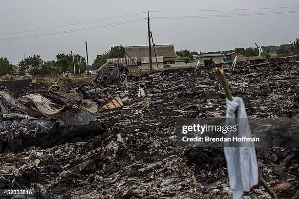 Debris from an Malaysia Airlines plane crash, including a white ribbon tied to a stick which indicates the presence of human remains, lies in a field...