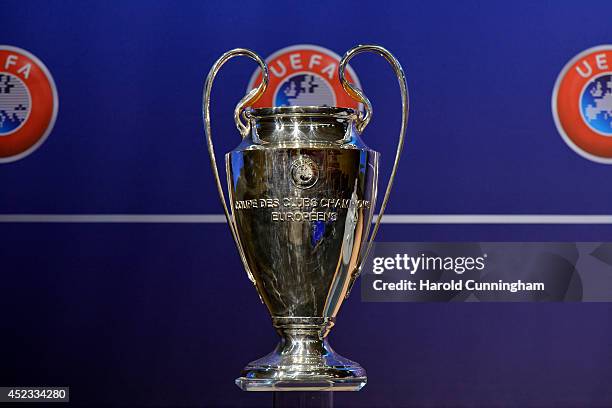 The UEFA Champions League trophy is prepared for the UEFA 2014/15 Champions League third qualifying rounds draw at the UEFA headquarters, The House...