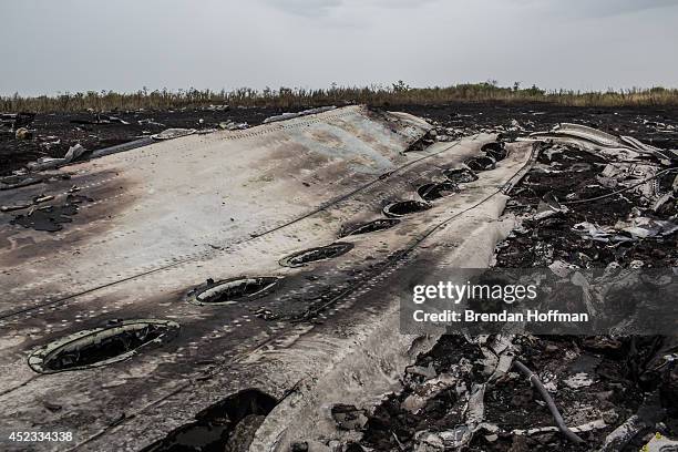 Debris from an Malaysia Airlines plane crash lies in a field on July 18, 2014 in Grabovka, Ukraine. Malaysia Airlines flight MH17 travelling from...