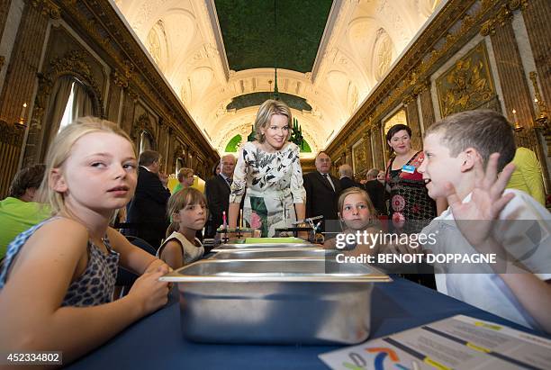 Queen Mathilde of Belgium attends a press conference ahead of tomorrow's opening of the exhibition on science and culture 'Science et culture au...