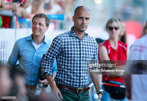 Pep Guardiola , head coach of Bayern Muenchen arrives for the pre-season friendly match between Bayern Muenchen and Memmingen Red Barons on July 18,...