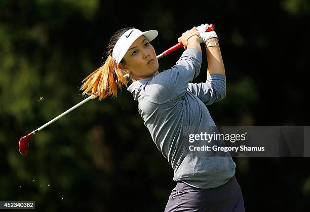 Michelle Wie watches her tee shot on the 18th hole during the second round of the Marathon Classic presented by Owens Corning and O-I at Highland...