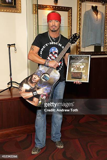 Musician Bret Michaels attends the Bret Michaels guitar donation at Hard Rock Cafe New York on July 18, 2014 in New York City.