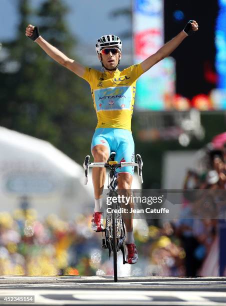 Vincenzo Nibali of Italy and Astana Pro Team celebrates winning stage thirteen of the 2014 Tour de France, a 197 km stage from Saint-Etienne to...