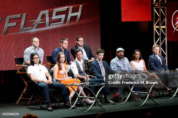 Chief Creative Officer of DC Entertainment Geoff Johns, producers Greg Berlanti and Andrew Kreisberg, and actors Carlos Valdes, Danielle Panabaker,...