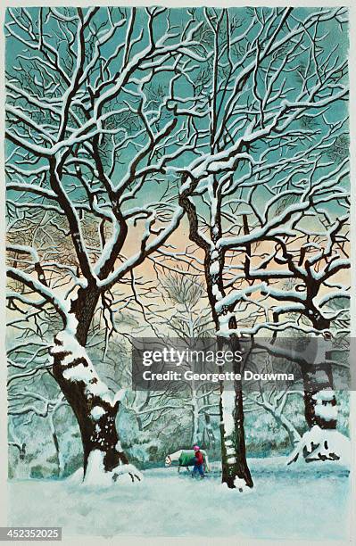 snow in forest - bare tree stock illustrations