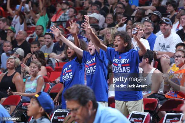 Fans celebrate during the game between the Milwaukee Bucks and the Golden State Warriors at the Samsung NBA Summer League 2014 on July 18, 2014 at...