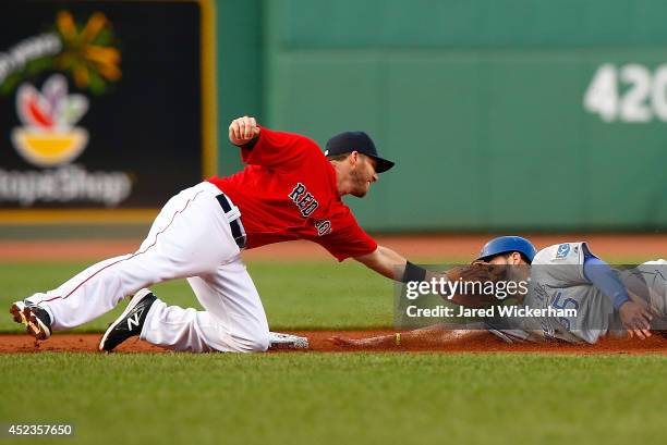 Stephen Drew of the Boston Red Sox tags out Eric Hosmer of the Kansas City Royals in the first inning on an attempted steal during the game at Fenway...