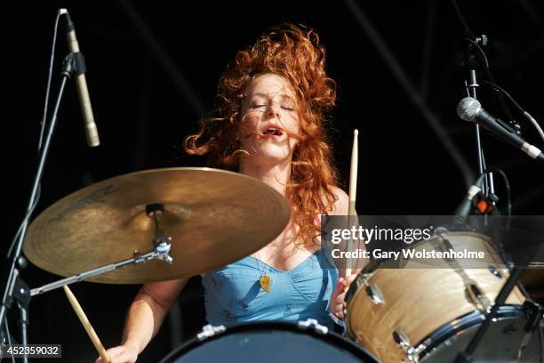 Julie Edwards of Deap Vally performs on stage at Truck Festival at Hill Farm on July 18, 2014 in Steventon, United Kingdom.