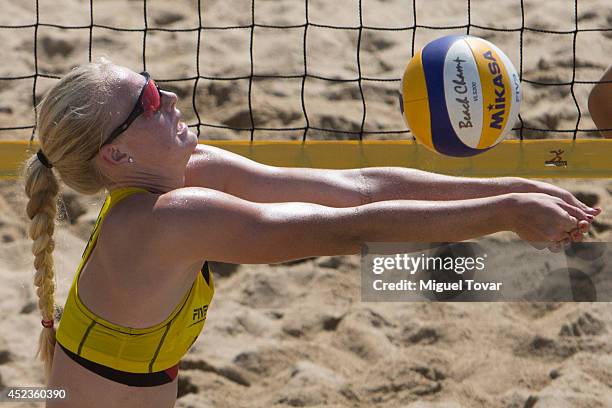 Kathryn Plummer of United States, digs the ball during a main draw match of the FIVB Under 17 World Championship Acapulco 2014 on July 18, 2014 in...