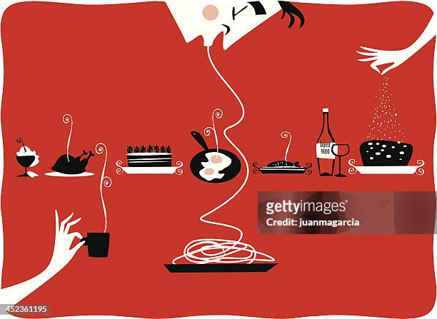 illustration von vintage-küche, speisen, restaurant, cattering, gebäck, gourmet - - garkochen stock-grafiken, -clipart, -cartoons und -symbole