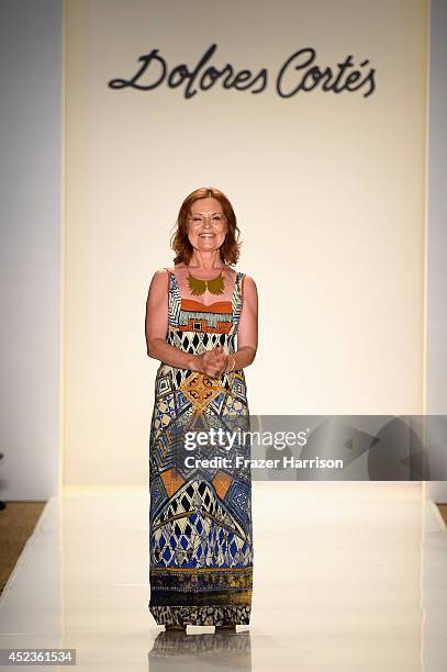 Designer Dolores Cortes walks the runway at the Dolores Cortes fashion show during Mercedes-Benz Fashion Week Swim 2015 at The Raleigh on July 18,...