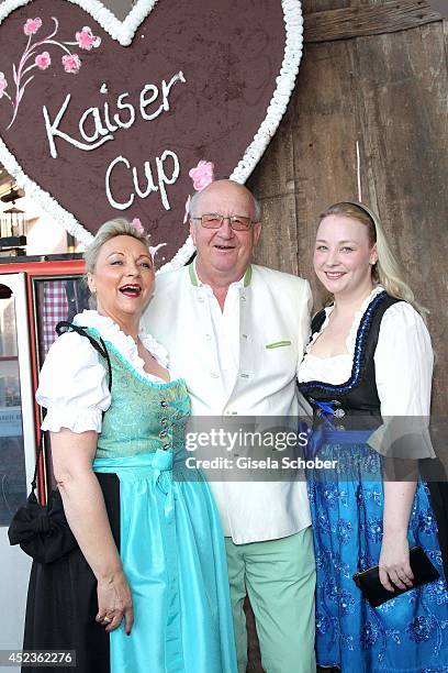 Alois Hartl with wife Gabriele Hartl and daughter Victoria Hartl attend the get together at "Bayerischer Abend" prior the Kaiser Cup 2014 at hotel...