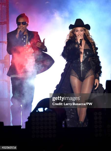 Jay-Z and Beyonce perform during the "On The Run Tour: Beyonce And Jay-Z" at Minute Maid Park on July 18, 2014 in Houston, Texas.