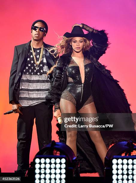 Jay-Z and Beyonce perform during the "On The Run Tour: Beyonce And Jay-Z" at Minute Maid Park on July 18, 2014 in Houston, Texas.