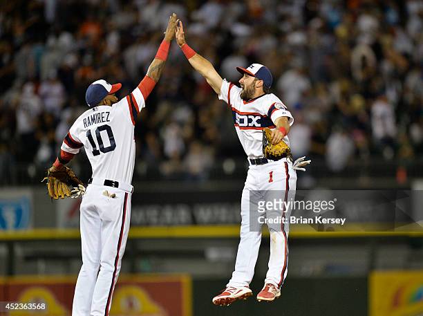 Alexei Ramirez and Adam Eaton of the Chicago White Sox celebrate their win over the Houston Astros at U.S. Cellular Field on July 18, 2014 in...