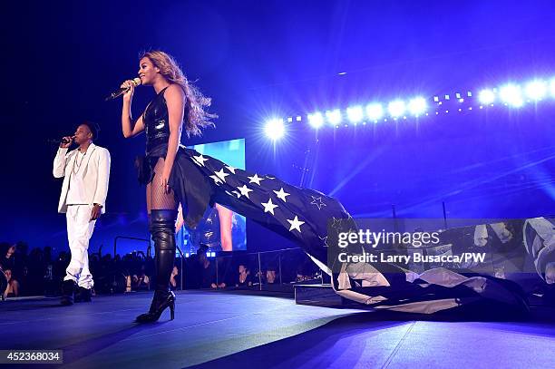 Beyonce and Jay-Z perform during the "On The Run Tour: Beyonce And Jay-Z" at Minute Maid Park on July 18, 2014 in Houston, Texas.