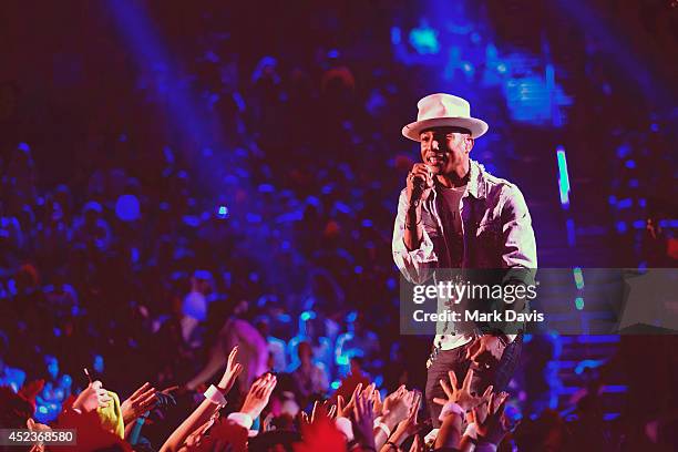 Producer/singer Pharrell Williams performs at the Nickelodeon Kids' Choice Sports Awards 2014 at UCLA's Pauley Pavilion on July 17, 2014 in Los...