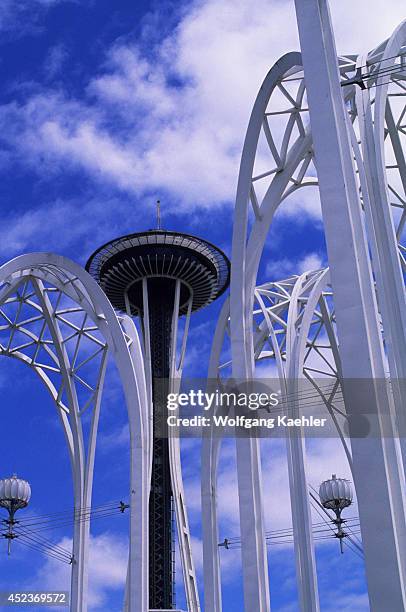 Washington, Seattle Center, Gothic Arches Of The Pacific Science Center With Space Needle.