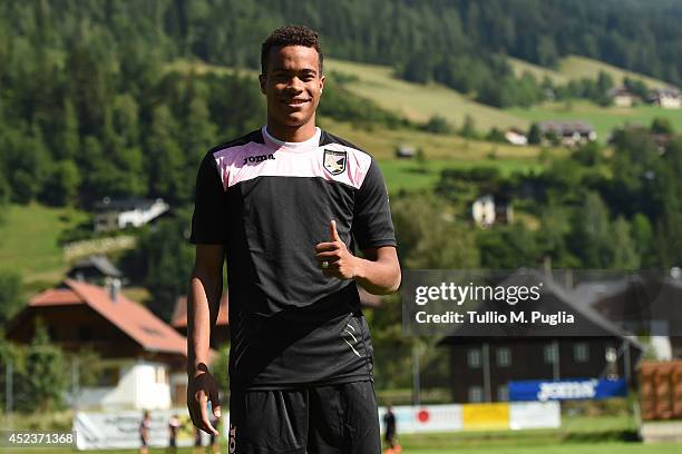 Robin Quaison, new palayer of US Citta di Palermo, poses before a Palermo training session at Sportarena on July 19, 2014 in Bad Kleinkirchheim,...