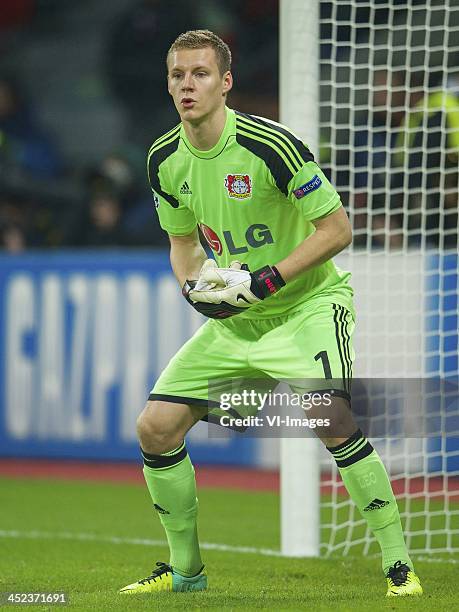 Goalkeeper Bernd Leno of Bayer Leverkusen during the Champions League match between Bayer Leverkusen and Manchester United on November 27, 2013 at...