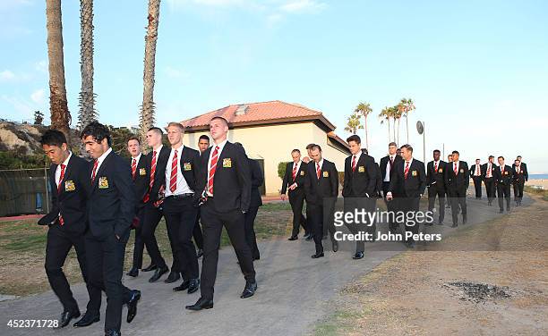 The Manchester United squad enjoy a walk at the start of their pre-season tour of the United States at LAX Airport on July 18, 2014 in Los Angeles,...