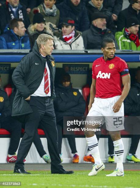 Coach David Moyes of Manchester United, Antonio Valencia of Manchester United during the Champions League match between Bayer Leverkusen and...