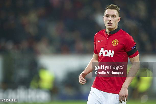 Phil Jones of Manchester United during the Champions League match between Bayer Leverkusen and Manchester United on November 27, 2013 at the BayArena...