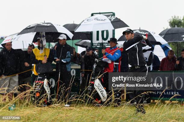 Gregory Bourdy of France hits the first tee shot on the tenth hole during the third round of The 143rd Open Championship at Royal Liverpool on July...