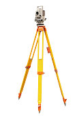 Laser level for surveying on a yellow and orange tripod