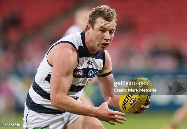 Steve Johnson of the Cats in action during the round 18 AFL match between the Greater Western Sydney Giants and the Geelong Cats at Spotless Stadium...