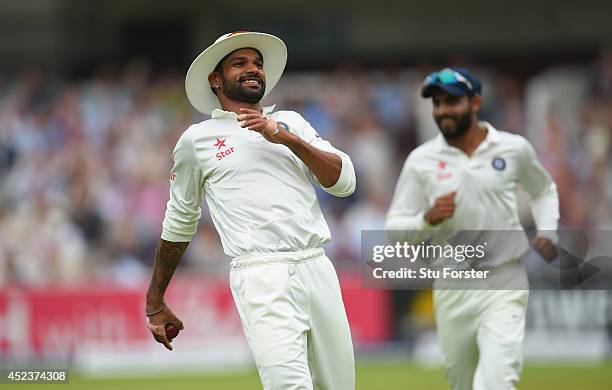 India fielder Shikhar Dhawan catches Matt Prior during day three of 2nd Investec Test match between England and India at Lord's Cricket Ground on...