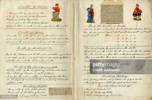 ilustraciones, imágenes clip art, dibujos animados e iconos de stock de útil victorian doméstico útiles - caderno de receitas