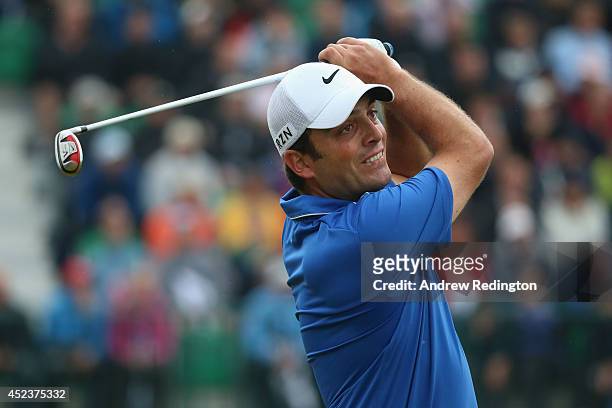 Francesco Molinari of Italy tees off on the 4th hole during the third round of The 143rd Open Championship at Royal Liverpool on July 19, 2014 in...