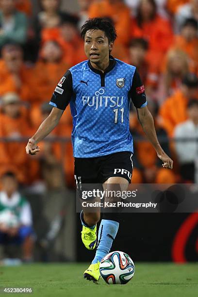 Yu Kobayashi of Kawasaki Frontale in action during the J. League 2014 match between Shimizu S-Pulse and Kawasaki Frontale at IAI Stadium Nihondaira...