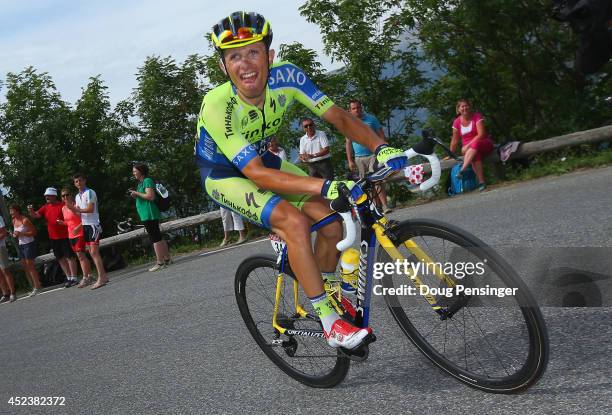 Rafal Majka of Poland and Tinkoff-Saxo makes the climb to the finish en route to winning the fourteenth stage of the 2014 Tour de France, a 177km...