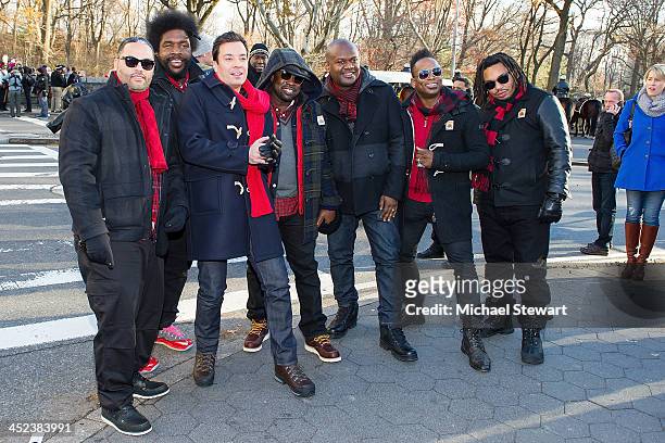 Personality Jimmy Fallon with musicians Kamal Gray, Questlove, Black Though, Damon Bryson 'Tuba Gooding Jr', Captain Kirk Douglas and F. Knuckles of...