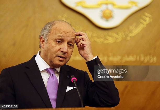 Foreign Minister of France Laurent Fabius holds a press conference with Jordanian Foreign Minister Nasser Judeh in Amman, Jordan on July 19, 2014.