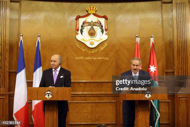 Foreign Minister of France Laurent Fabius holds a press conference with Jordanian Foreign Minister Nasser Judeh in Amman, Jordan on July 19, 2014.