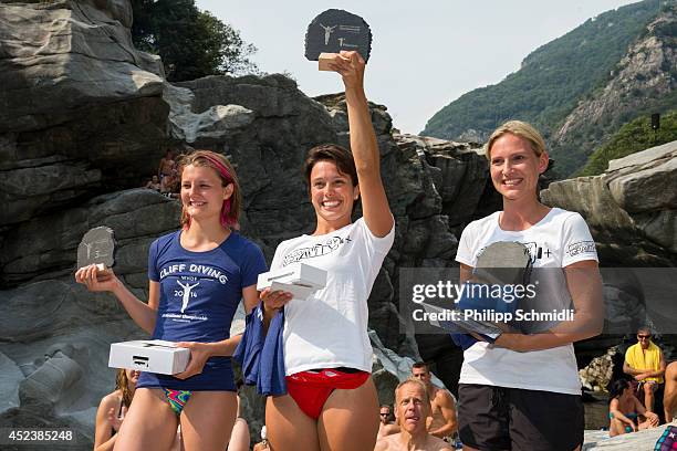 Iris Schmidbauer of Germany , Anna Bader of Germany and Julia Wenskus of Germany on the podium after winning the Cliff Diving European Championship...