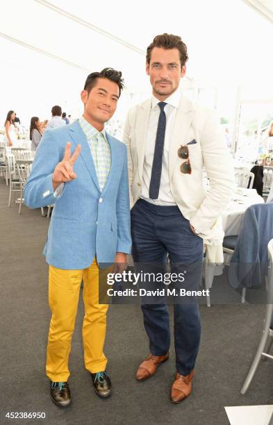 Aaron Kwok and David Gandy attend the Kent and Curwen Royal Charity Polo Cup at Watership Down, Sydmonton Court Estate on July 19, 2014 in Newbury,...