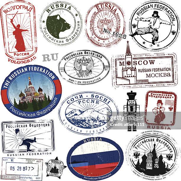 stilisierte russische briefmarken und aufkleber - russische kultur stock-grafiken, -clipart, -cartoons und -symbole