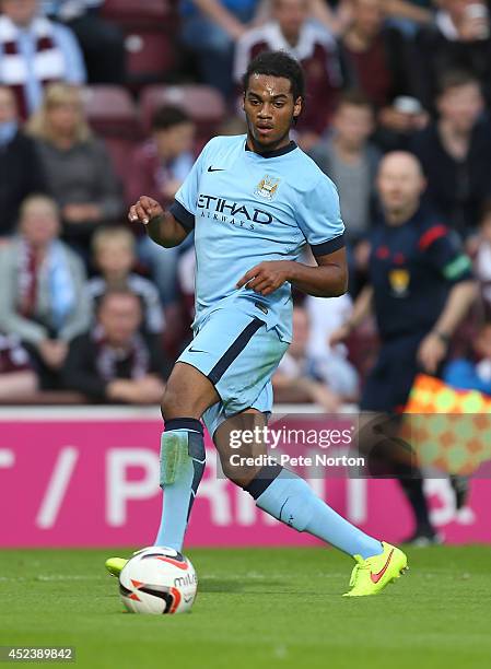 Jason Denayer of Manchester City in action during the Pre Season Friendly match between Hearts and Manchester City at Tyncastle Stadium on July 18,...