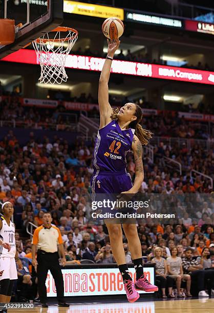 Western Conference All-Star Brittney Griner of the Phoenix Mercury attempts a slam dunk against the Eastern Conference during the first half of the...