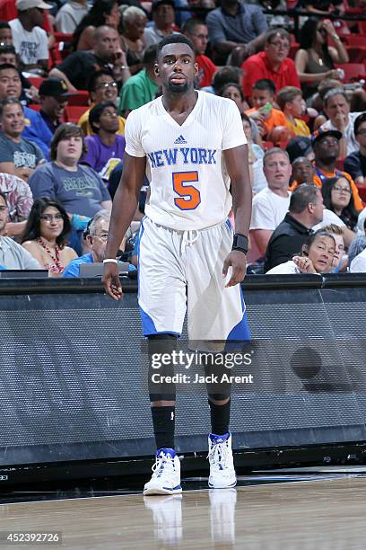 Tim Hardaway Jr. #5 of the New York Knicks stands on the court during a game against the Charlotte Hornets during the Samsung NBA Summer League 2014...