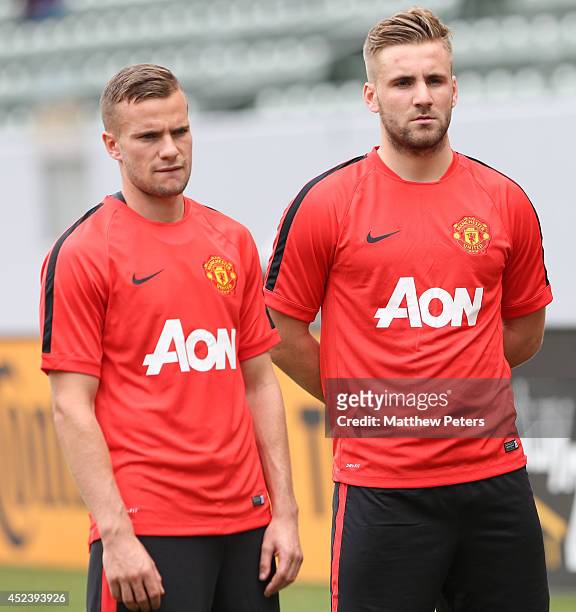 Tom Cleverley and Luke Shaw of Manchester United in action during a training session as part of their pre-season tour of the United States on July...