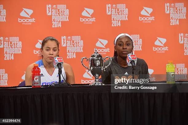 Shoni Schimmel of the Eastern Conference All-Stars and Chiney Ogwumike talk to the media following the 2014 Boost Mobile WNBA All-Star Game on July...