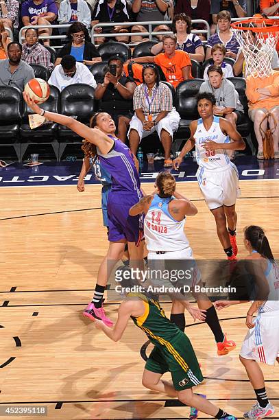 Brittney Griner of the Western Conference All-Stars rebounds the basketball during the 2014 Boost Mobile WNBA All-Star Game on July 19, 2014 at US...