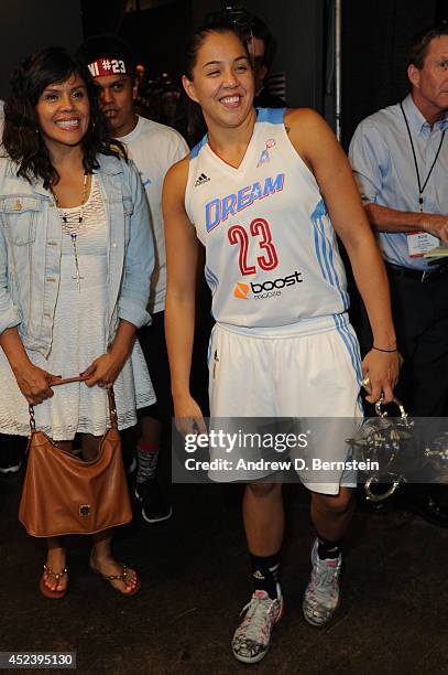 Shoni Schimmel of the Eastern Conference All-Stars holds the MVP trophy after the 2014 Boost Mobile WNBA All-Star Game on July 19, 2014 at US Airways...