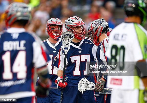 Kyle Sweeney of the Boston Cannons reacts following his goal in the first half against the New York Lizards during the game at Harvard Stadium on...